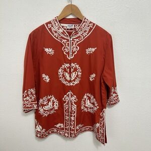 Chuchi Asian Inspired Orange Tunic Top Embroidered Button Mandarin Collar VTG XL